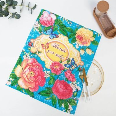 Полотенце вафельное  "Английская роза" 45х60 см, бирюза, 160 гр/м, хл,