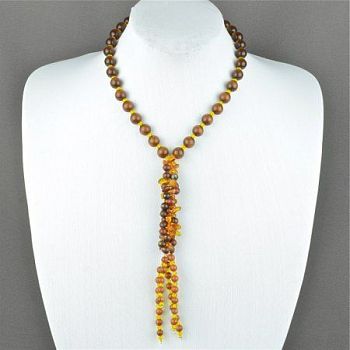 Бусы Янтарь, сердолик, обсидиан  "Колосок" арт.ВАН-1051