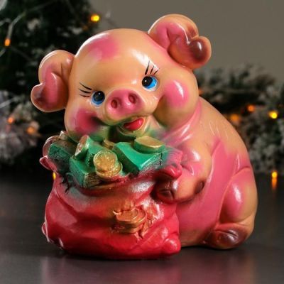 Копилка "Свинка с мешком", глянец, розовый цвет, 25,5 см, микс