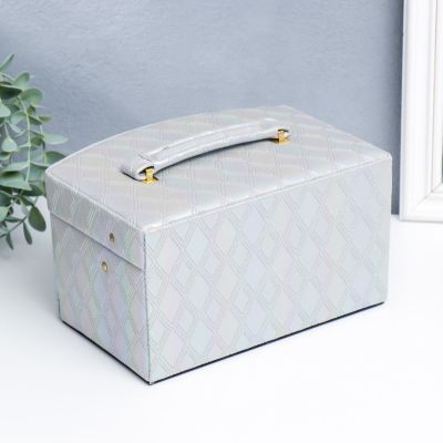 Шкатулка для украшений кожзам "Серебро, ромбы" трёхъярусная (13 х 16 х 23 см) 