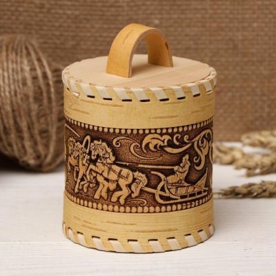 Туес "Русская тройка"   d7-8см H8 см, береста