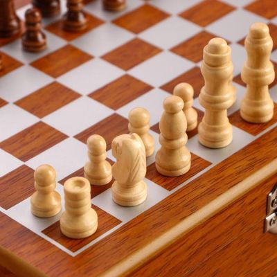 Набор 6в1 (фляжка 8oz+рюмка+воронка+карты+кубики+шахматы), деревянная коробка, 18*24см