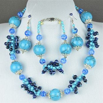 Комплект Кошачий глаз, муранское стекло, прес.бирюза "Ручеек" арт. ВАС-1138