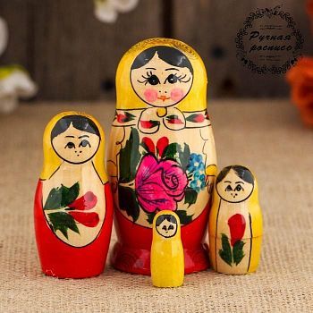 Матрёшка «Семёновская», желтый платок, 4 кукольная, 9 см, ручная работа
