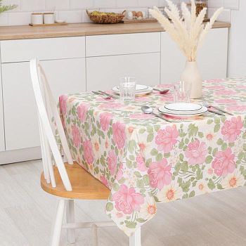 Клеенка столовая на нетканой основе 1,35х25 м "Цветочное ассорти" цвет бежевый