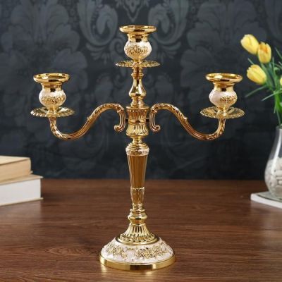 Подсвечник металл на 3 свечи "Розарий" золото, белая эмаль 36,5х31,5х12 см