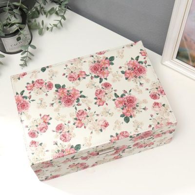 Шкатулка кожзам под часы 2 отделения и бижутерию "Чайные розы" 11х21х30 см