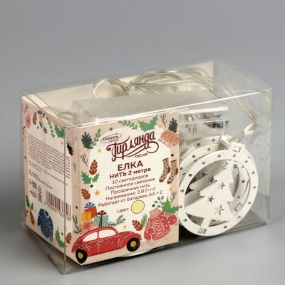 Гирлянда «Нить» 2 м с насадками «Ёлка», IP20, прозрачная нить, 10 LED, свечение тёплое белое, AAх2