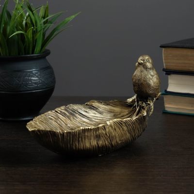 Подставка под мелочи "Птичка на перышке" золото 25х10х10см