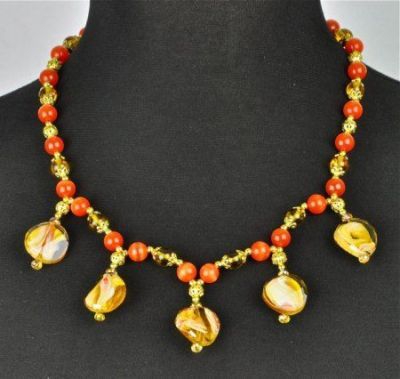 Авторские бусы Янтарь, Кошачий глаз, Муранское стекло "Нега" арт.1238