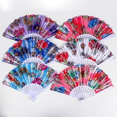 Веер пластик, текстиль изгиб "Цветочная феерия" серебристый МИКС 23 см