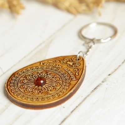 Брелок «Господи помилуй», с янтарём, капля, береста