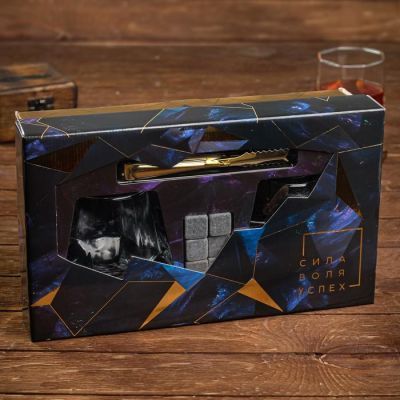 Подарочный набор "Сила. Воля. Успех", камни для виски 6шт, бокал 2шт, щипцы