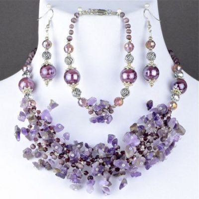 Комплект Аметист, муранское стекло, бисер, хрусталь "Россыпь аметистов" арт. ВАС-1500