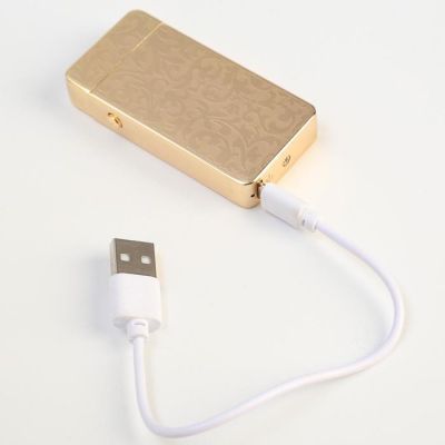 Зажигалка электронная, дуговая, USB, цветочный орнамент, золотая, 7.5х12 см