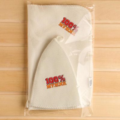 Банный набор вышивка шапка, коврик и рукавица "100% Мужик"