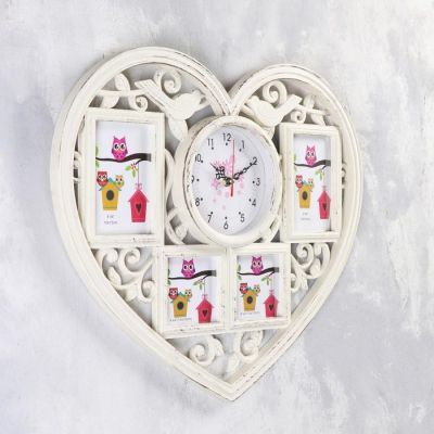 Часы настенные, серия: Фото, "Сердце", 4 фоторамки 10х15, 10х10 см, d=14.4 см, плавный ход