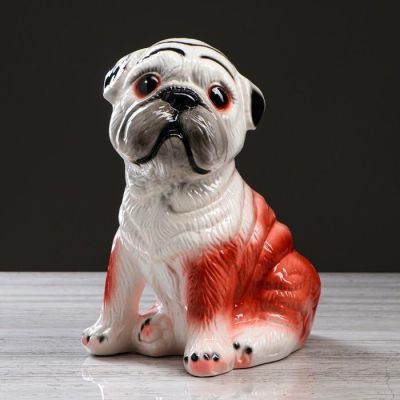 Копилка "Сидящий мопс" глянец, бело-рыжая, 29 см