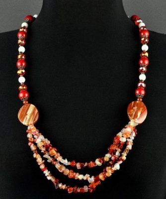 Бусы  Сердолик, кахолонг, прес.коралл "Майский рассвет" арт.АНТ-380