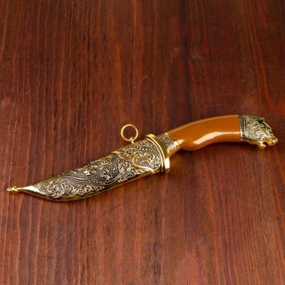 Сувенирный нож, 31 см рукоять под дерево с головой медведя, ножны расписные