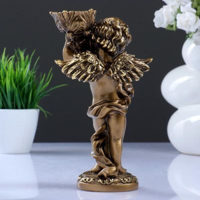 Подсвечник "Ангелочек" в левой руке, золото, 14х8х22 см, для свечи d=3,5 см