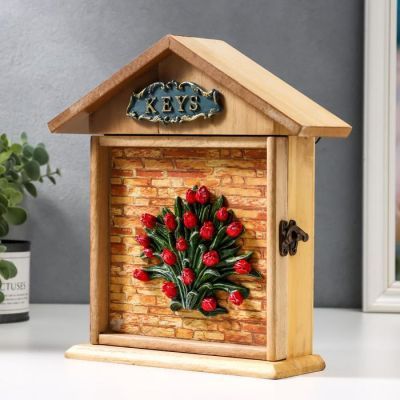 Ключница дерево 6 крючков домик "Букет тюльпанов" 26х22х7,5 см