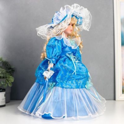 Кукла коллекционная керамика "Леди Олеся в голубом платье с цветами" 40 см
