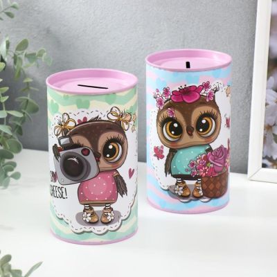 Копилка металл "Совята и сердечки" МИКС 15х8,5х8,5 см