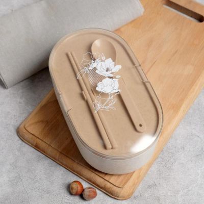 Ланч-бокс "Цветы", палочки для еды,ложка, 800мл, 20 х 7 см