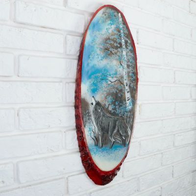 Панно на спиле "Зима.Волк", 52-56 см, каменная крошка, вертикальное