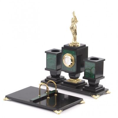 Письменный набор из малахита "Часы Фемида" 