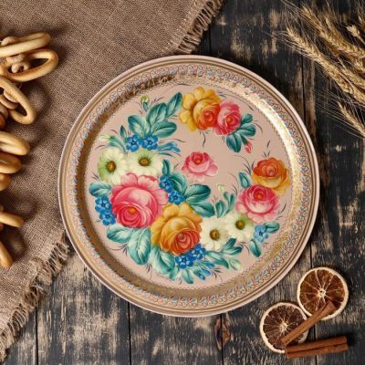 Поднос с жостовской росписью, D=34 см