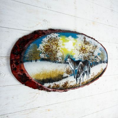 Панно на спиле "Зима. Волки", 75-79 см, каменная крошка, горизонтальное