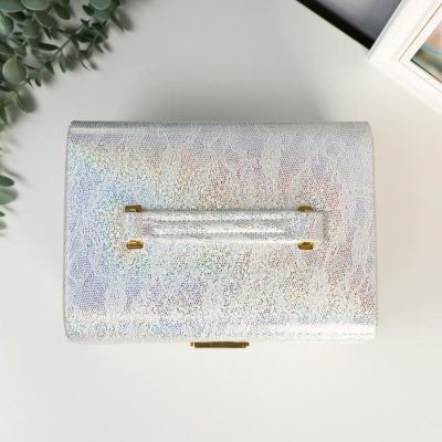 Шкатулка кожзам для украшений "Цветочное кружево" сундучок белая с серебром 14,5х22х16,5 см   519100