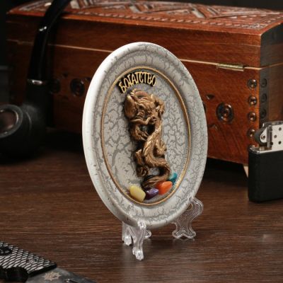 Тарелка сувенирная "Дракон", керамика, гипс, минералы, d=11 см