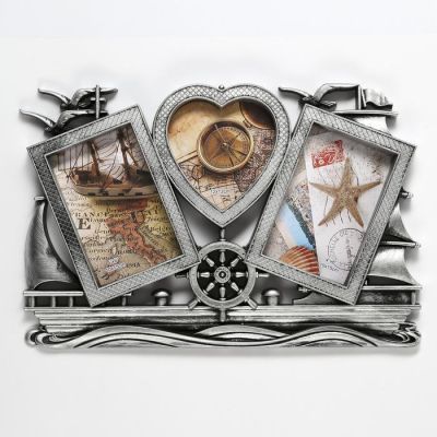 Фоторамка пластик на 3 фото 10х15, 12х12 см "Корабль" тёмное серебро 25х40 см