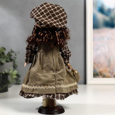 Кукла коллекционная керамика "Ника в оливковом сарафане и платье в клетку" 30 см