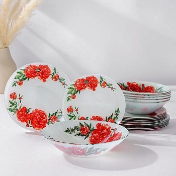 Набор тарелок Доляна «Пионы», 19 предметов: салатник, 6 десертных тарелок, 6 обеденных тарелок, 6 мисок