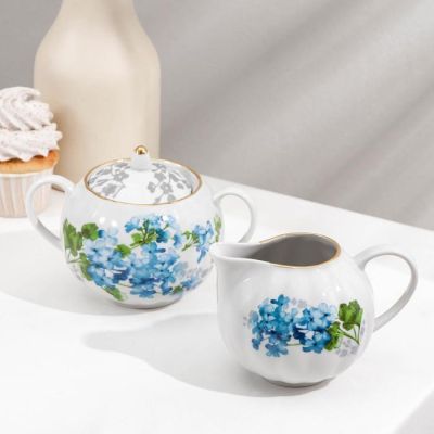 Сервиз чайный «Тюльпан. Голубая герань», 15 предметов: чайник 750 мл, сахарница 600 мл, сливочник 300 мл, 6 чашек 220 мл, 6 блюдец 15 см