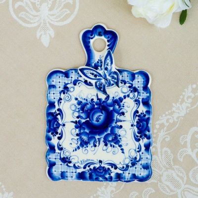 Сырная доска "С бабочкой", гжель, фарфор, 26х17 см