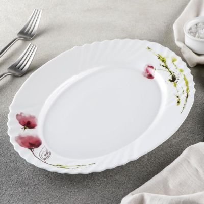 Блюдо овальное Доляна «Нежные маки», 30×22 см, цвет белый