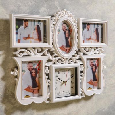 Часы настенные, серия: Фото, "Эмина", 5 фото, плавный ход  49х36 см, белые