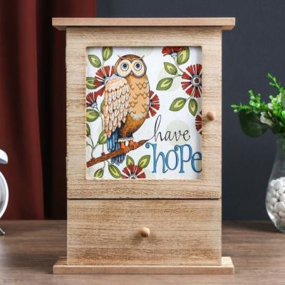 Ключница дерево 6 крючков с ящиком "Сова на ветке и сказочные цветы" 29,5х21х8 см