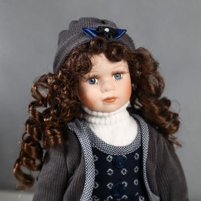 Кукла коллекционная керамика "Настя в синем платье и сарафане в кружочек" 40 см