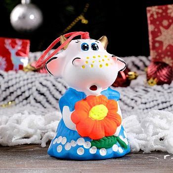 Колокольчик "Коровка с цветком", художественная роспись, 12 см, микс