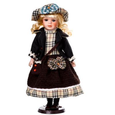 Кукла коллекционная керамика "Блондинка с кудрями, наряд в клеточку с бантами" 40 см