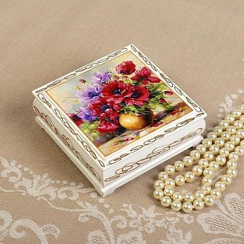 Шкатулка «Букет цветов в вазе», белая, 10×10 см, лаковая миниатюра