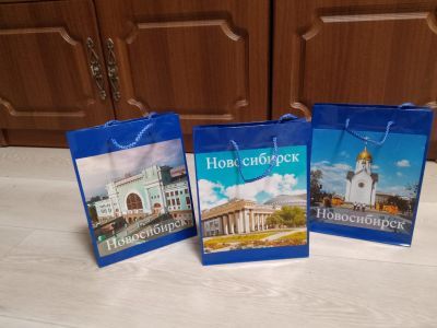 Пакет картонный ламинированный "Достопримечательности Новосибирска" (синий), 18 х 23 см