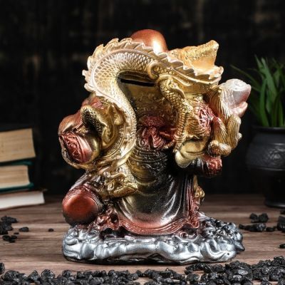 Копилка "Хотей с драконом", глянец, бронзовый цвет, 22 см, микс