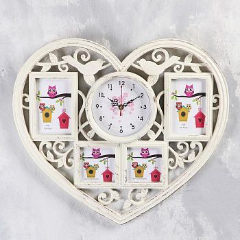 Часы настенные, серия: Фото, "Сердце", 4 фоторамки 10х15, 10х10 см, d=14.4 см, плавный ход